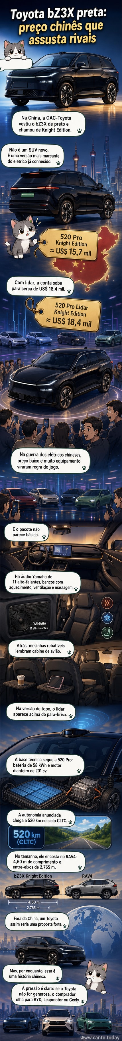 SUV preto Toyota bZ3X Knight Edition estacionado em ambiente urbano, com detalhes em preto fosco, rodas aerodinâmicas e logotipo iluminado.