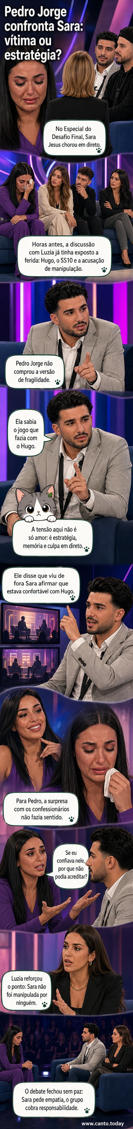 Ilustração de Pedro Jorge e Sara Jesus em confronto no palco do 'Desafio Final', com luzes de estúdio e expressões tensas.