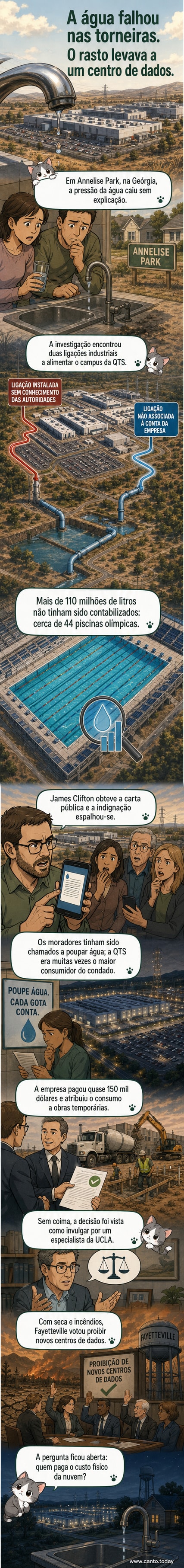 Ilustração de um centro de dados com tubos de água ao lado de casas residenciais, mostrando contraste entre consumo industrial e residencial em meio a seca