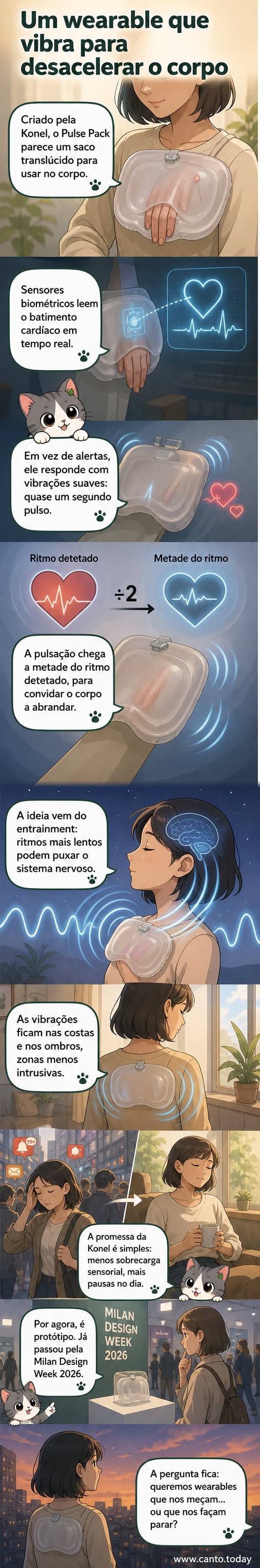 Ilustração de uma pessoa usando um acessório semitransparente nas costas que emite leve pulsação tátil, com linhas suaves indicando vibrações sincronizadas com o batimento cardíaco.