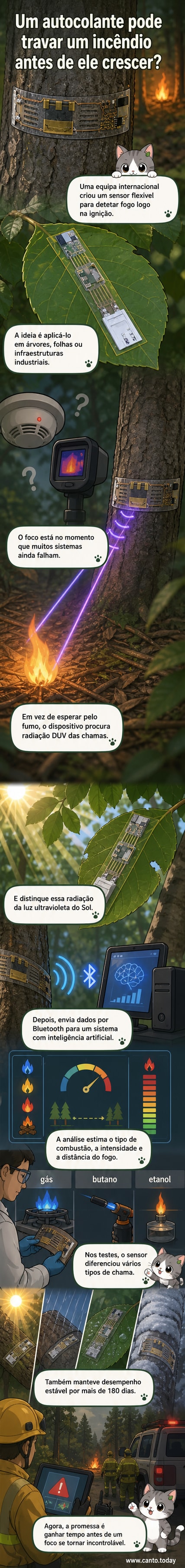 Ilustração de um autocolante eletrónico aplicado numa árvore, com sinais de deteção de radiação UV e transmissão de dados via Bluetooth para um sistema de alerta.