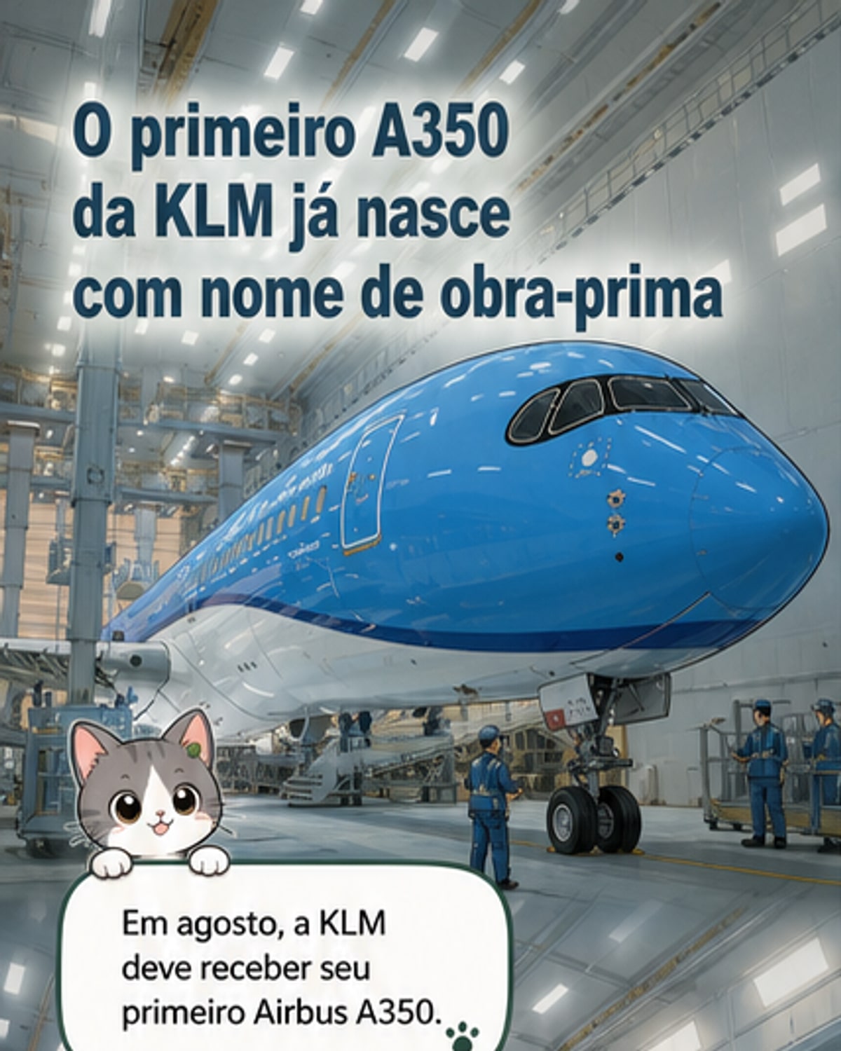 Airbus A350 da KLM pintado com a libré azul clara da companhia, estacionado no pátio de Toulouse, com a inscrição 'De Nachtwacht' na fuselagem.
