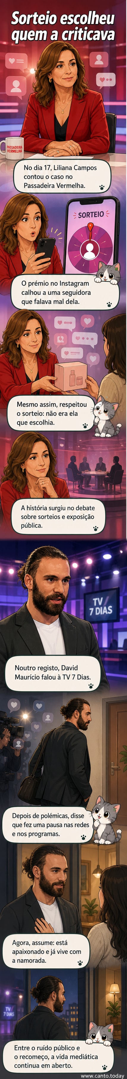 Ilustração estilizada de Liliana Campos a segurar um presente com expressão surpreendida, ao lado de David Maurício sorrindo enquanto segura a mão de uma figura feminina não identificada, fundo com elementos de redes sociais e coração.