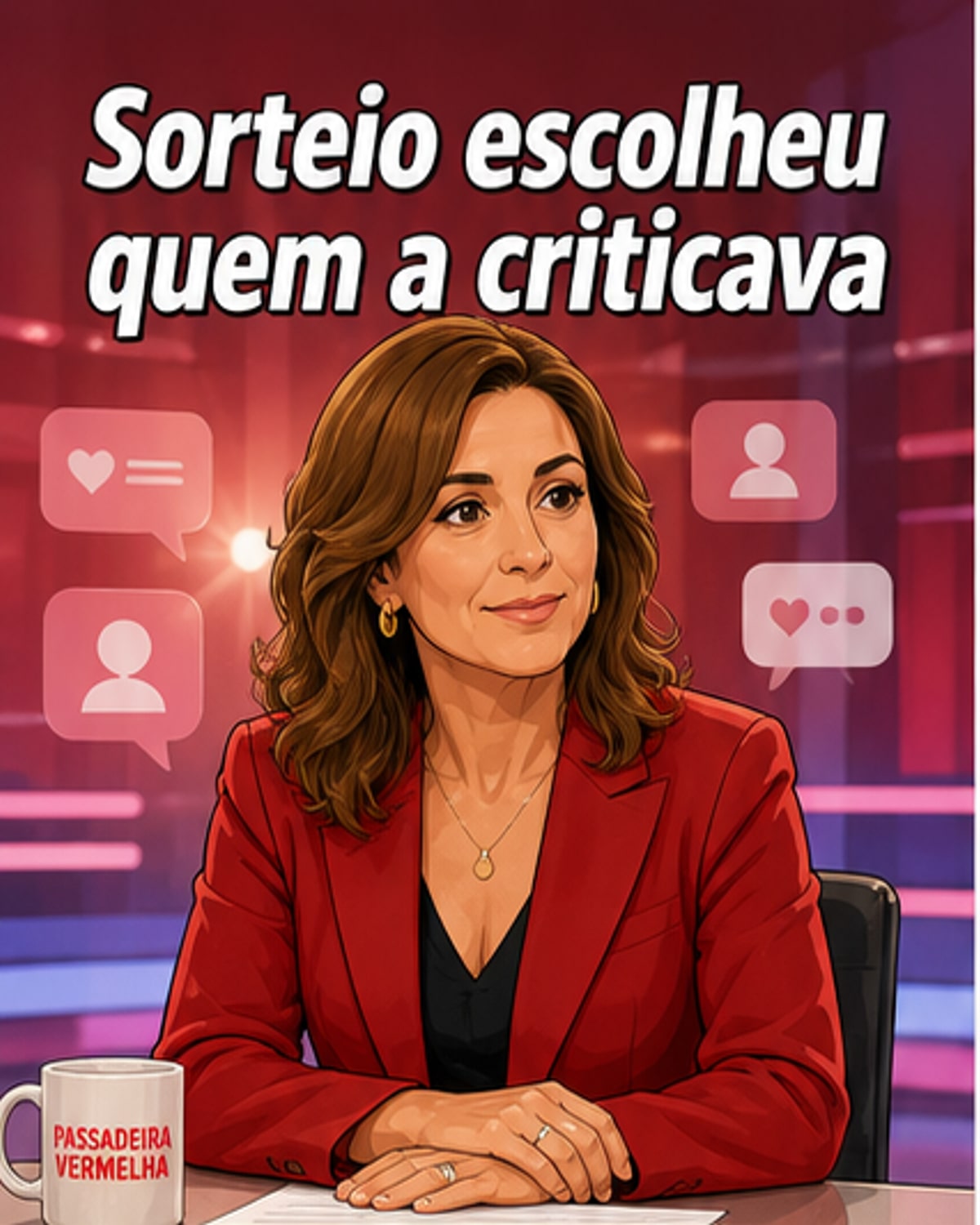 Ilustração estilizada de Liliana Campos a segurar um presente com expressão surpreendida, ao lado de David Maurício sorrindo enquanto segura a mão de uma figura feminina não identificada, fundo com elementos de redes sociais e coração.