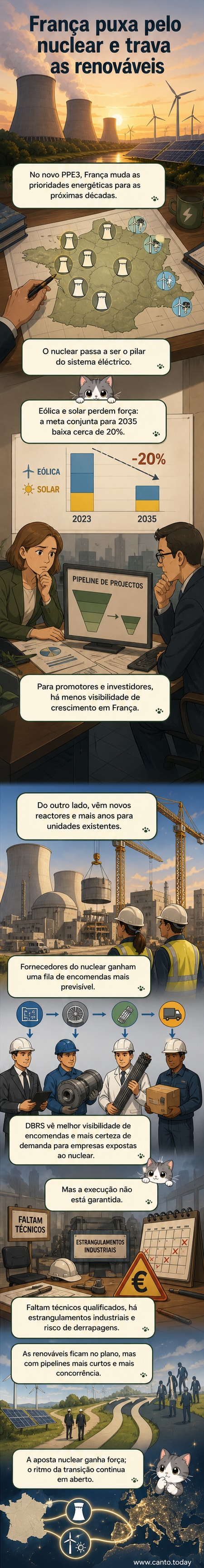 Ilustração de um reator nuclear ao centro, com painéis solares ao fundo a desvanecerem-se, simbolizando a mudança de prioridade energética na França.