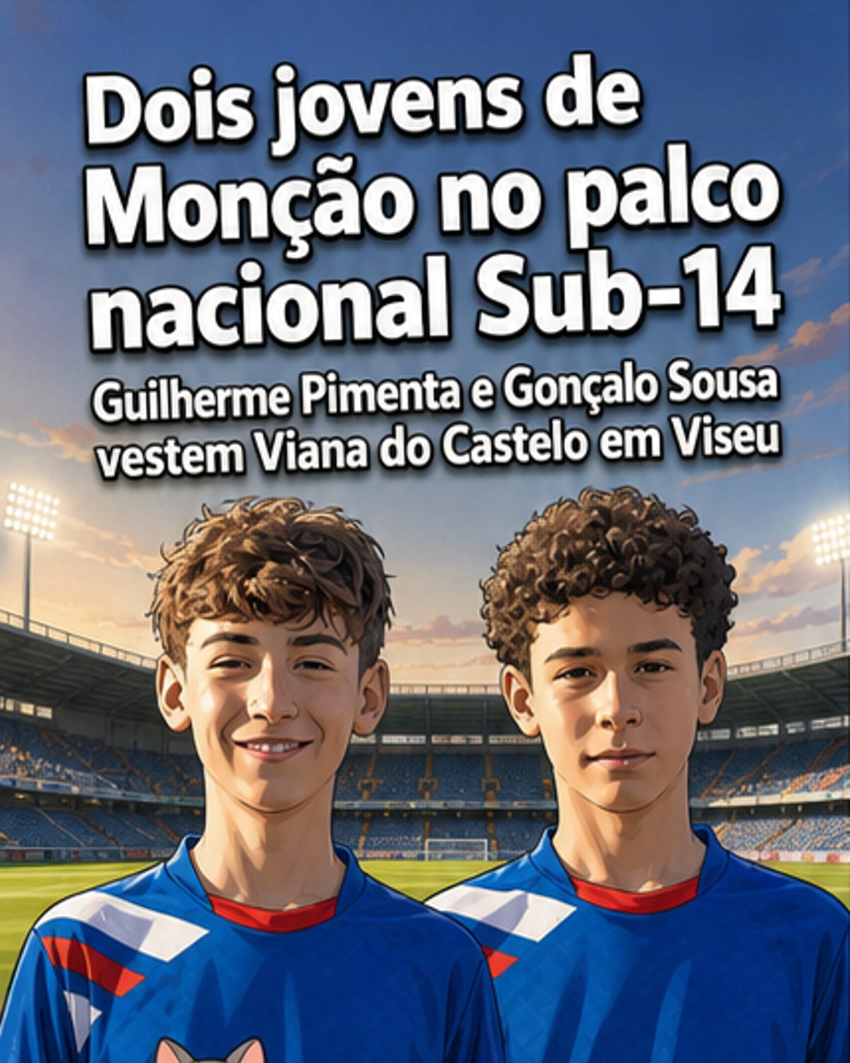 Dois jovens futebolistas de Monção em campo, vestindo a camisola da seleção do Alto Minho durante o Torneio Lopes da Silva.