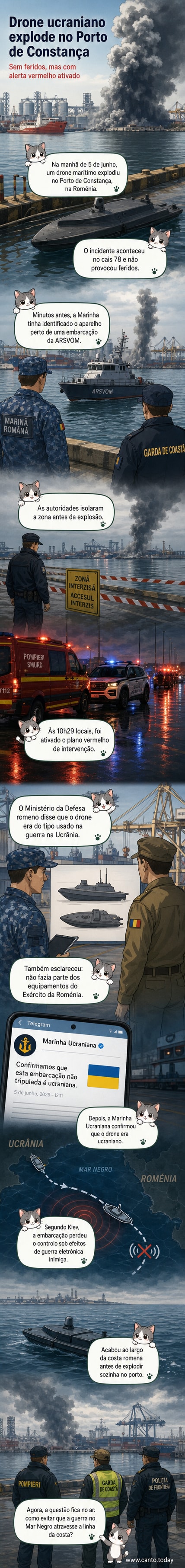 Ilustração de um drone marítimo explodindo no cais de um porto no Mar Negro, com navios ao fundo e forças de emergência se aproximando.