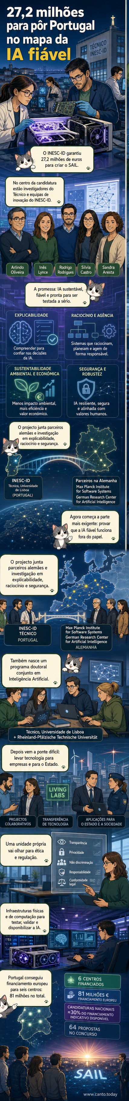 Ilustração de um laboratório de inteligência artificial com equipas colaborando em tecnologia verde e ética, em Lisboa.