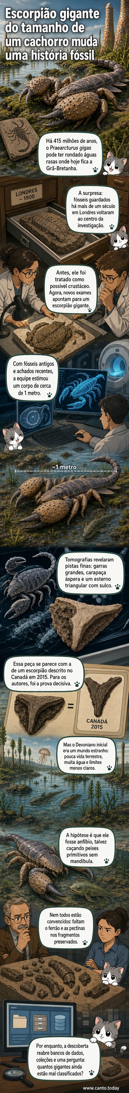Ilustração de um escorpião gigante do tamanho de um cachorro rastejando sobre rochas musgosas em um ambiente aquático primitivo, com árvores antigas ao fundo