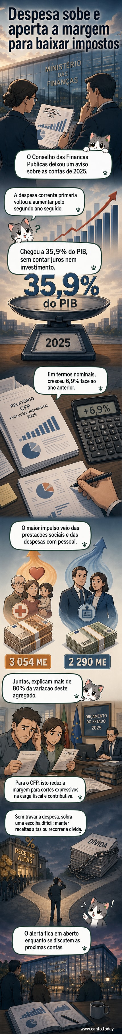 Gráfico mostrando a evolução da despesa corrente primária em percentagem do PIB, com destaque para o valor de 35,9% em 2025 e setas indicando crescimento nas prestações sociais e despesas com pessoal.