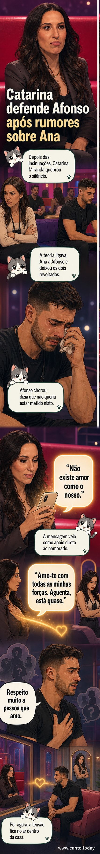 Ilustração de Catarina Miranda segurando uma mensagem de apoio a Afonso, com fundo de coração e o nome 'Secret Story' ao fundo.