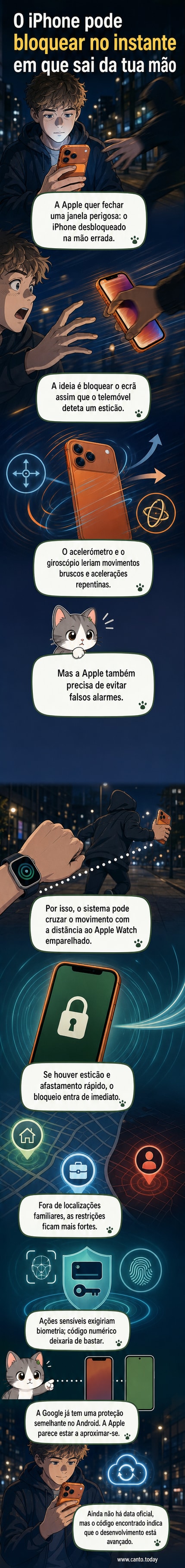 Ilustração de um iPhone sendo arrancado da mão de uma pessoa, com alerta de bloqueio automático ativado e sensor de movimento destacado.