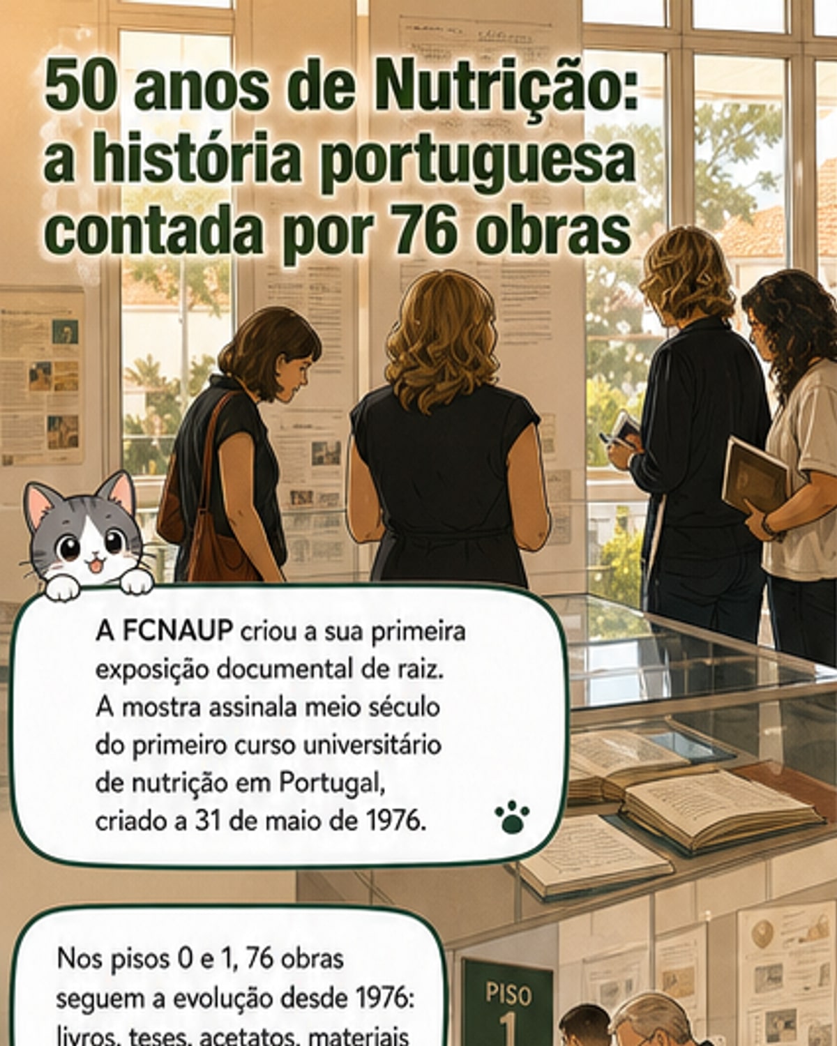 Exposição na FCNAUP com vitrines contendo livros, acetatos didáticos e patentes de dispositivos de medição, destacando 50 anos de ciência da nutrição em Portugal.
