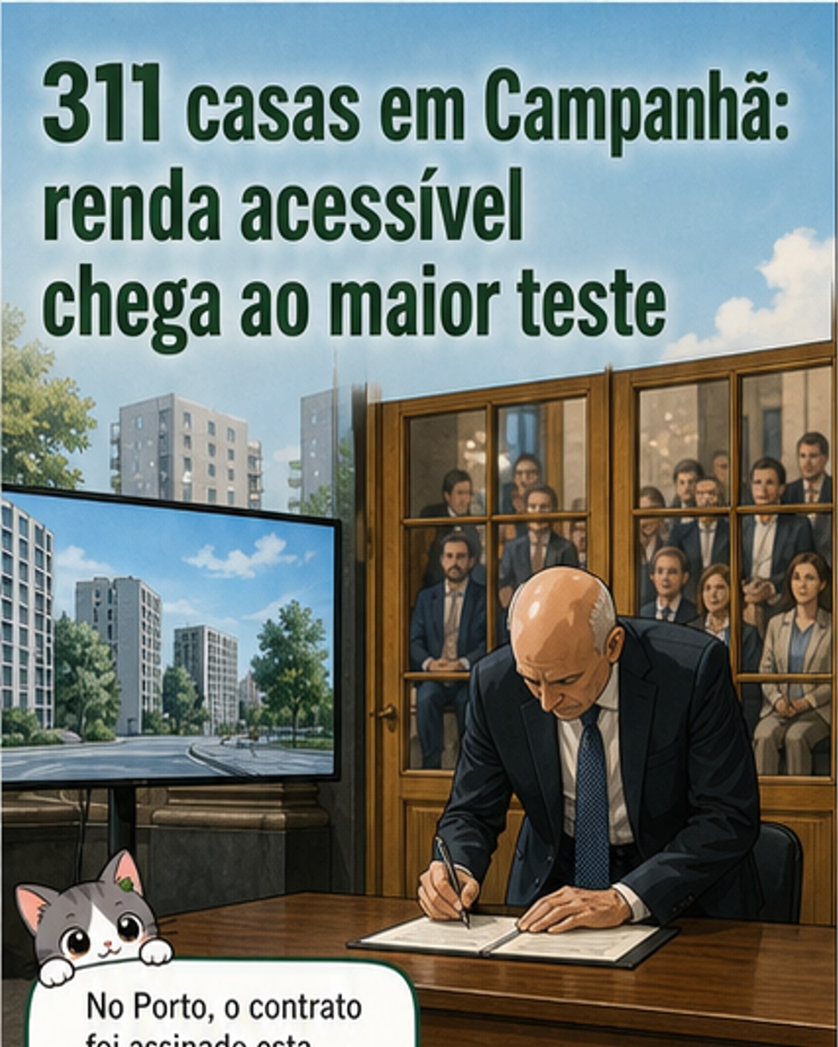 Ilustração de um novo complexo residencial em Campanhã, com dois edifícios altos, áreas verdes e famílias entrando em apartamentos, simbolizando habitação acessível no Porto.