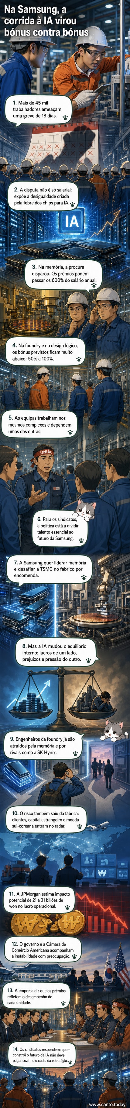 Ilustração de dois grupos de trabalhadores em um mesmo complexo industrial da Samsung, um lado comemorando com bônus altos, o outro em protesto por recompensas menores, com chips e circuitos ao fundo.