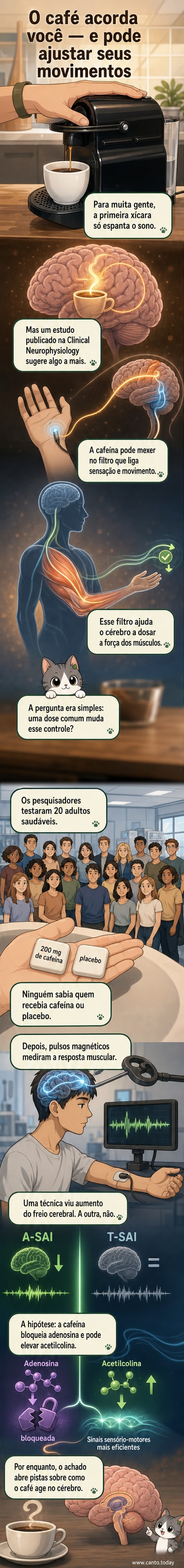 Ilustração de uma xícara de café ao lado de um cérebro humano com conexões neurais destacadas, mostrando como a cafeína afeta o controle dos movimentos.