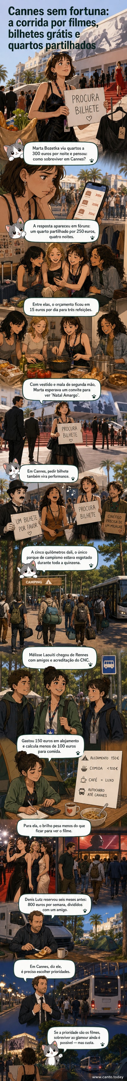 Ilustração de um grupo de jovens em frente a uma tela de cinema, com uma autocaravana ao fundo e uma passadeira vermelha ao centro, simbolizando o Festival de Cannes acessível.