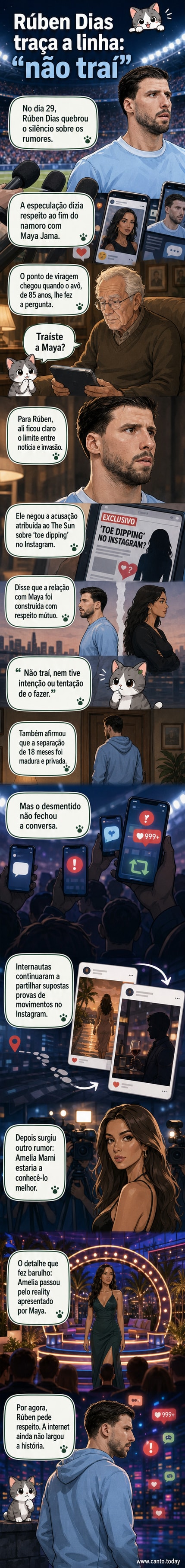 Rúben Dias em pose formal, com texto sobre seu esclarecimento público após rumores de traição envolvendo Maya Jama e a reação de seu avô.