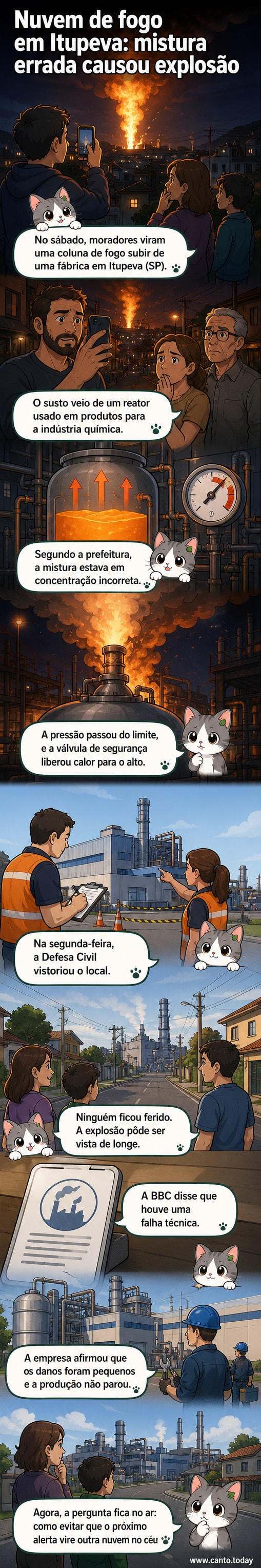 Imagem aérea mostrando uma coluna de fogo e fumaça saindo de um reator em uma fábrica industrial em Itupeva, SP