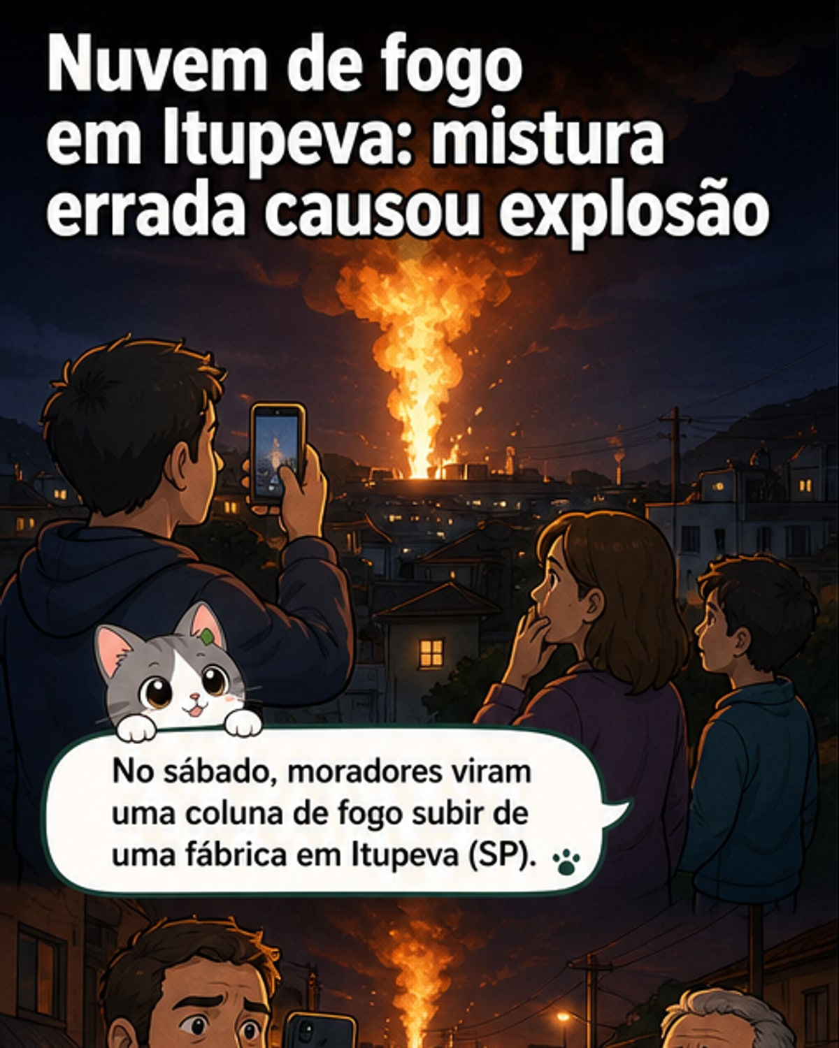 Imagem aérea mostrando uma coluna de fogo e fumaça saindo de um reator em uma fábrica industrial em Itupeva, SP