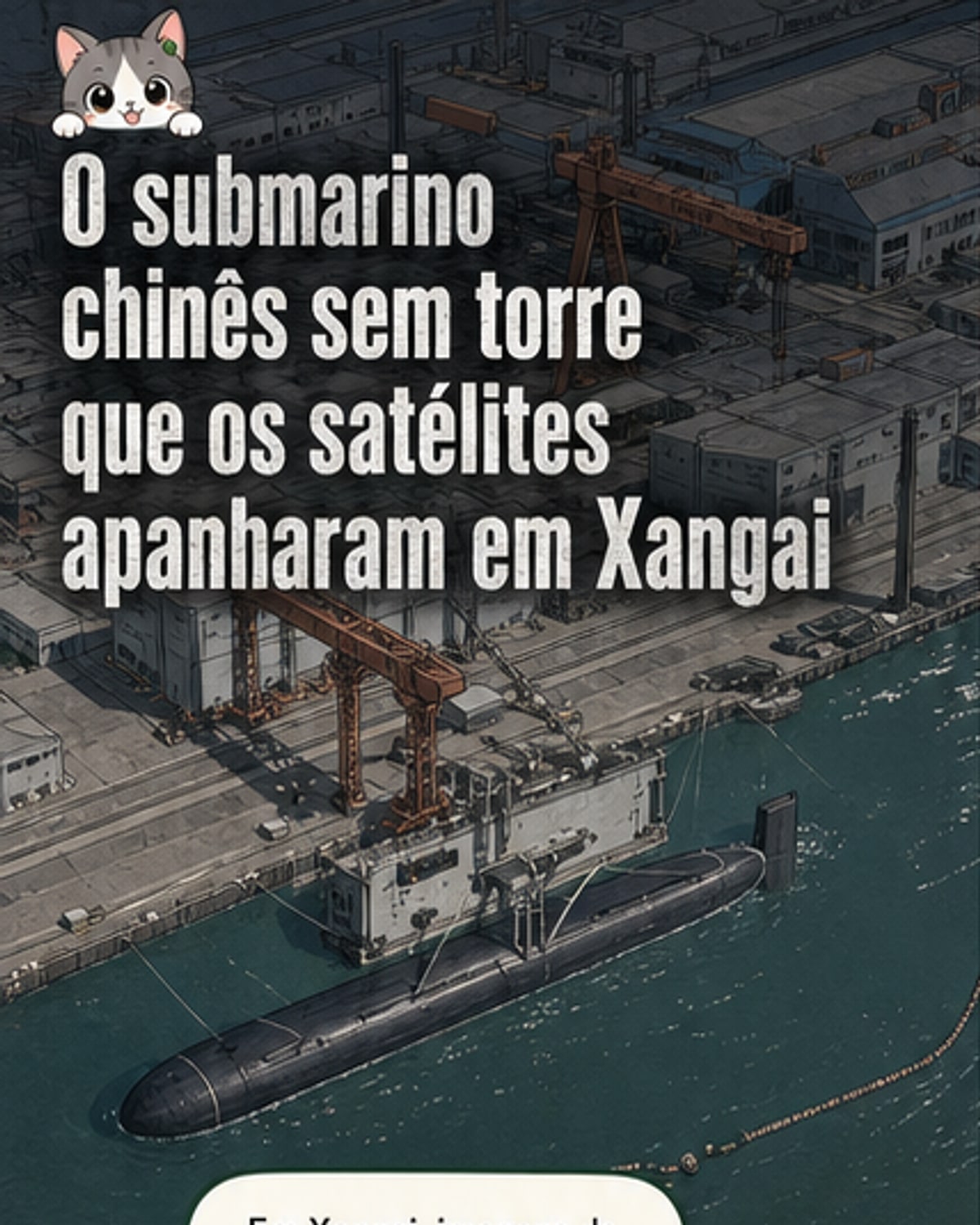 Ilustração estilizada de um submarino submerso sem torre de comando, com linhas aerodinâmicas, em águas escuras, com satélite acima detectando sua presença.