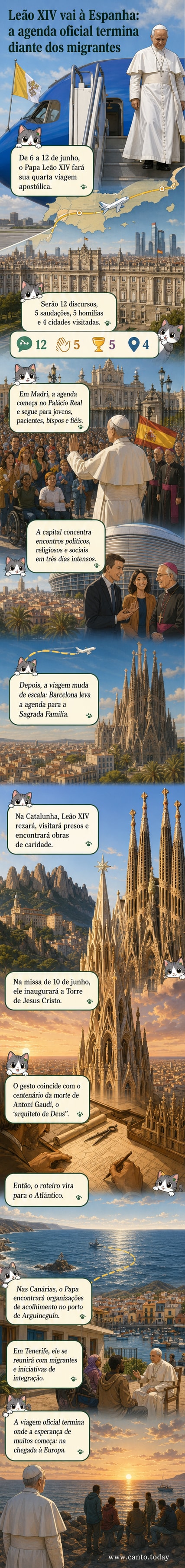 Papa Leão XIV em visita oficial à Espanha, com foco em migrantes nas Ilhas Canárias e inauguração da torre da Sagrada Família em Barcelona.