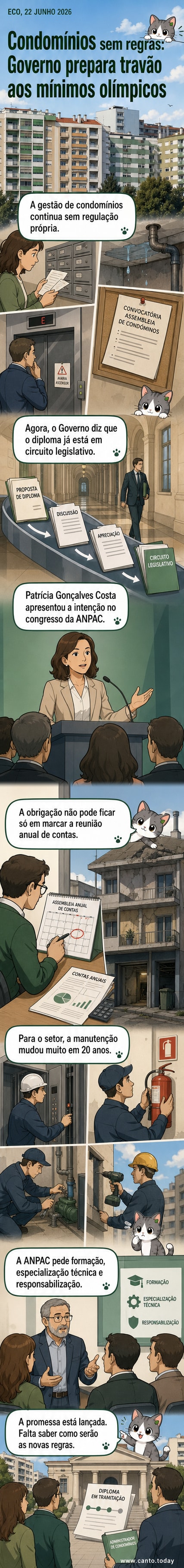 Ilustração de um edifício residencial com símbolos de documentos, formação e vistoria, representando a nova regulação para condomínios em Portugal.