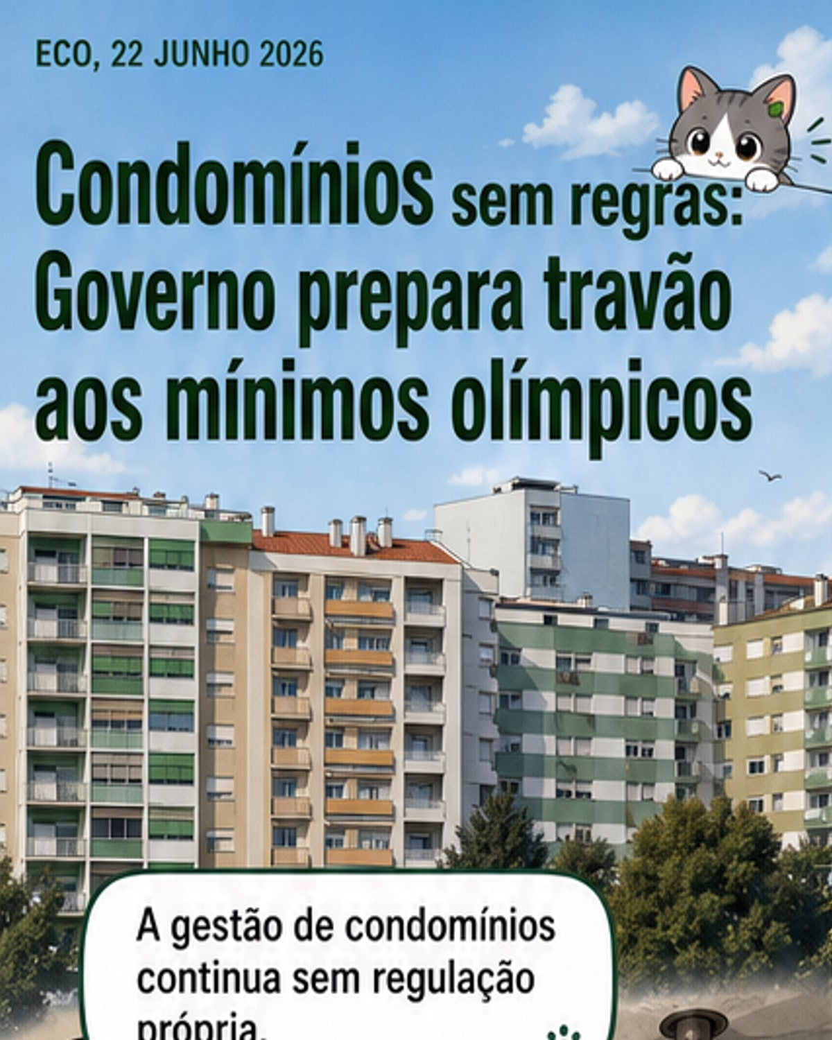 Ilustração de um edifício residencial com símbolos de documentos, formação e vistoria, representando a nova regulação para condomínios em Portugal.