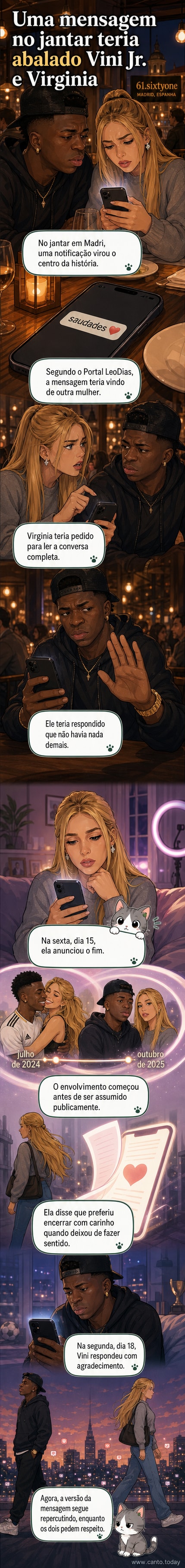 Ilustração de um celular com notificação de mensagem que diz 'saudades' com coração, em um jantar romântico em restaurante de Madri, com Vini Jr. e Virginia Fonseca sentados à mesa.