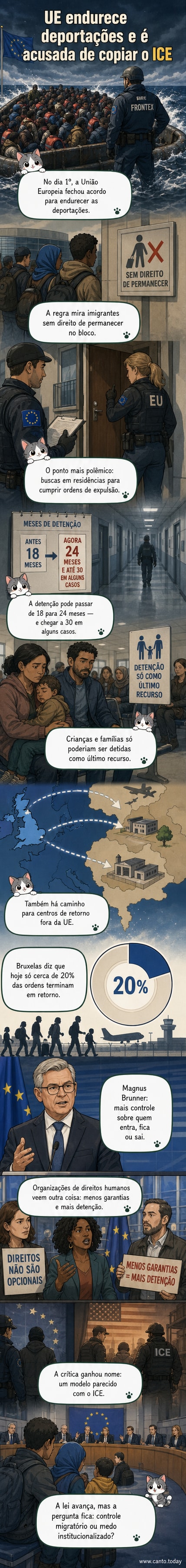 Ilustração de uma figura sendo abordada por autoridades diante de um prédio com bandeiras da União Europeia, simbolizando a nova política de imigração mais rígida.