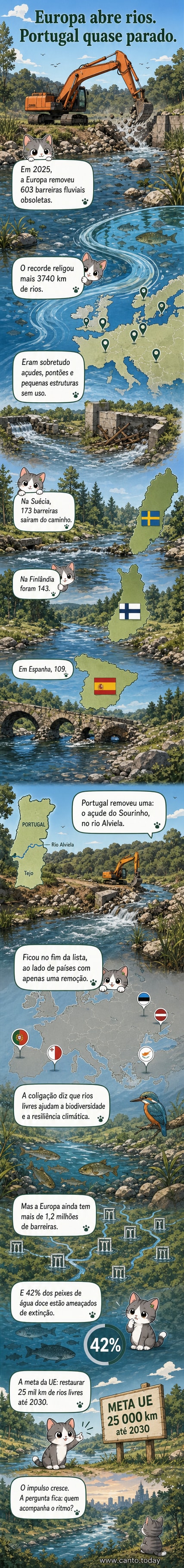 Ilustração de um rio europeu com barreiras sendo removidas, mostrando peixes a nadar livremente e vegetação ribeirinha a recuperar.