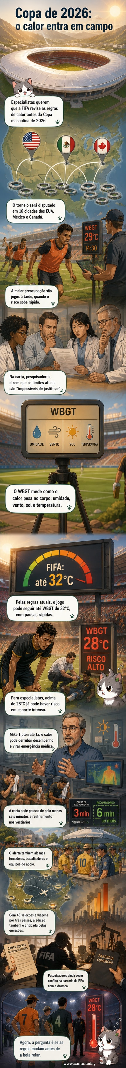 Ilustração de um jogador de futebol suando sob um sol intenso, com termômetro mostrando temperatura alta ao fundo e estádio ao longe.
