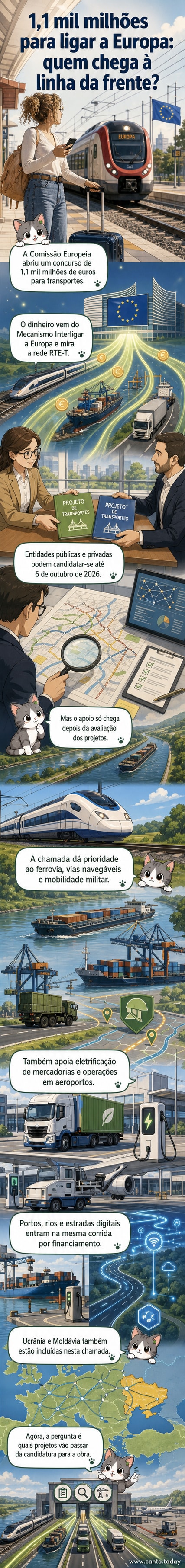 Ilustração de uma rede ferroviária europeia com comboios de alta velocidade, camiões elétricos e portos conectados, destacando a Ucrânia e Moldávia.