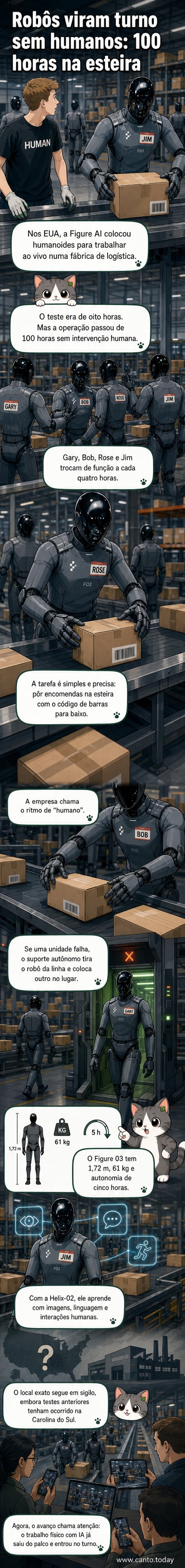 Robô humanoide Figure 03 em operação em fábrica, realizando tarefas logísticas em uma esteira de pacotes