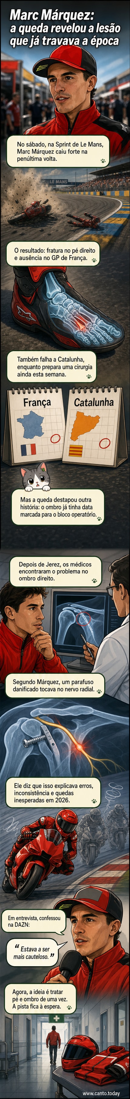 Ilustração de Marc Márquez caindo da moto em Le Mans, com destaque para a perna e o ombro lesionados, sob luz dramática de pista molhada.