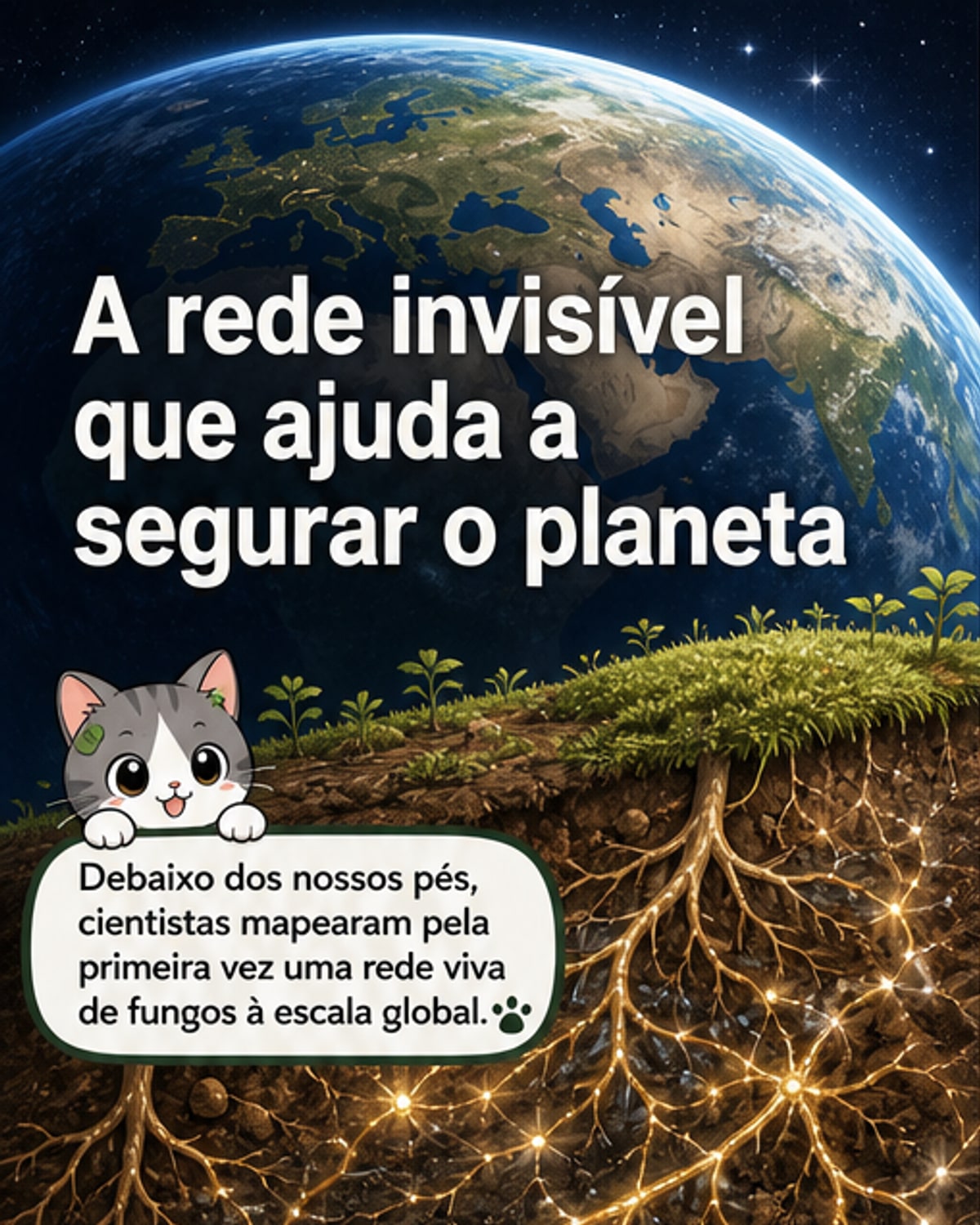 Ilustração de uma rede de filamentos subterrâneos ligando raízes de plantas, com fungos e solo em tons de marrom e verde escuro, destacando a escala microscópica e a conexão global.