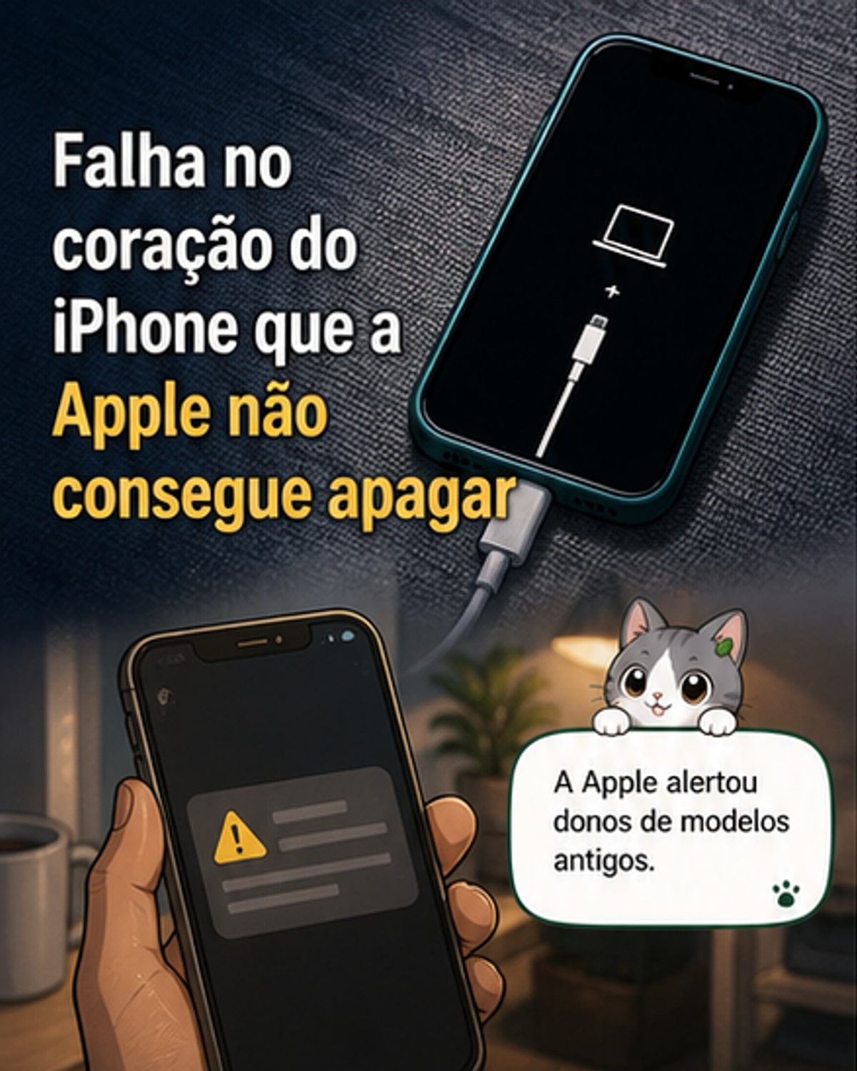 Ilustração de um iPhone com alerta de segurança e ícone de falha no chip interno