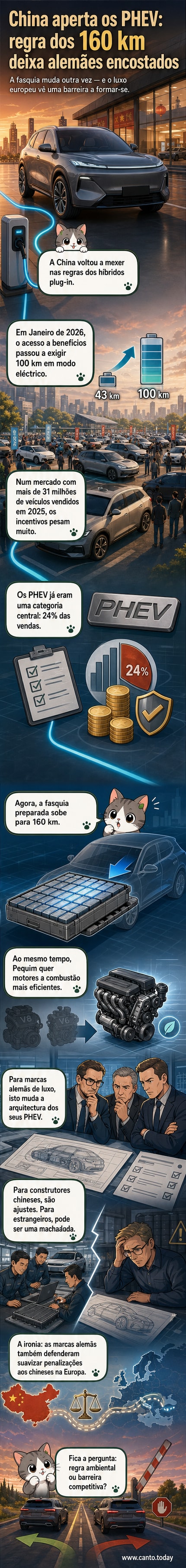 Ilustração de um carro híbrido plug-in em estrada com bandeiras da China e da Europa ao fundo, destacando a disputa regulatória entre os mercados