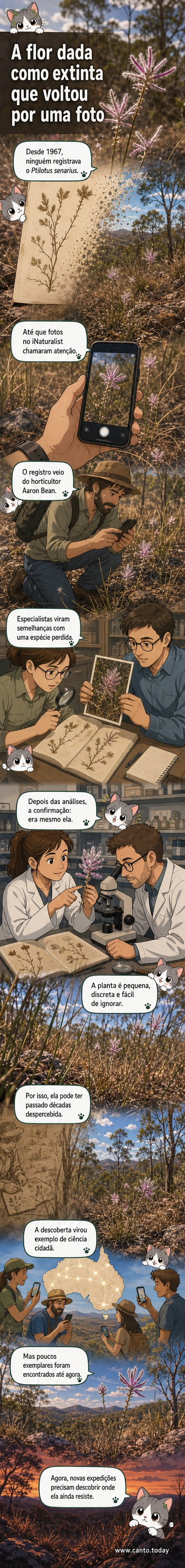 Ilustração de uma planta pequena com flores rosadas e plumosas, cercada por vegetação rasteira no interior da Austrália, com ícone de celular mostrando uma foto no app iNaturalist