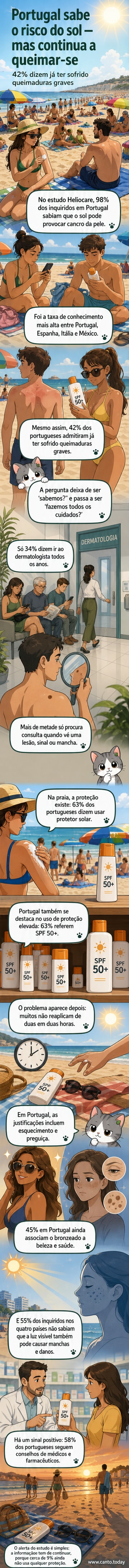 Ilustração de uma pessoa com queimadura solar no rosto, ao lado de um frasco de protetor solar com o número SPF 50+ visível, com ícones de sol e nuvens ao fundo indicando exposição parcial.