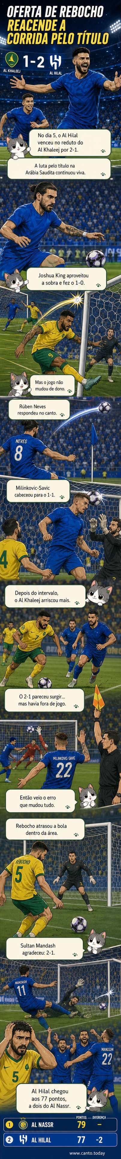 Ilustração de Pedro Rebocho atrasando a bola para o goleiro adversário dentro da área, enquanto Sultan Mandash se prepara para marcar o gol do Al Hilal.