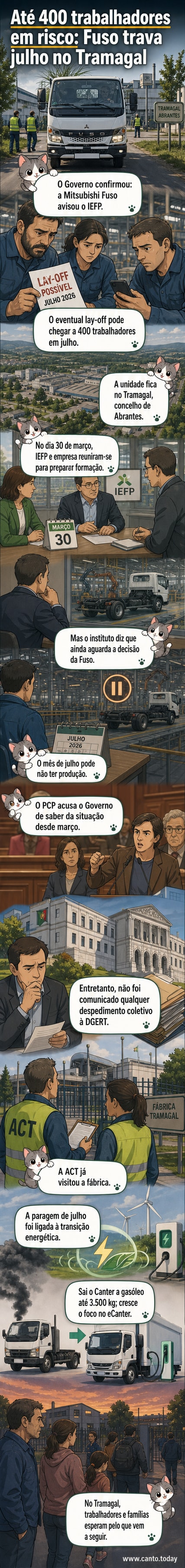 Ilustração de uma fábrica industrial com trabalhadores e camiões, simbolizando o possível 'lay-off' na unidade da Mitsubishi Fuso no Tramagal.