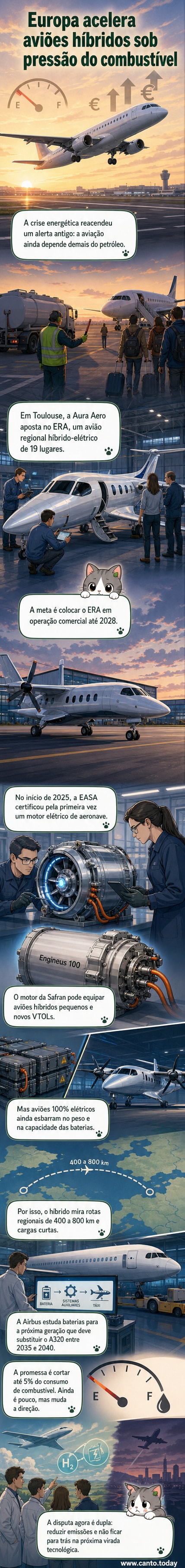 Ilustração de um avião híbrido elétrico voando sobre uma paisagem europeia com painéis solares e turbinas eólicas ao fundo, simbolizando a transição energética na aviação.