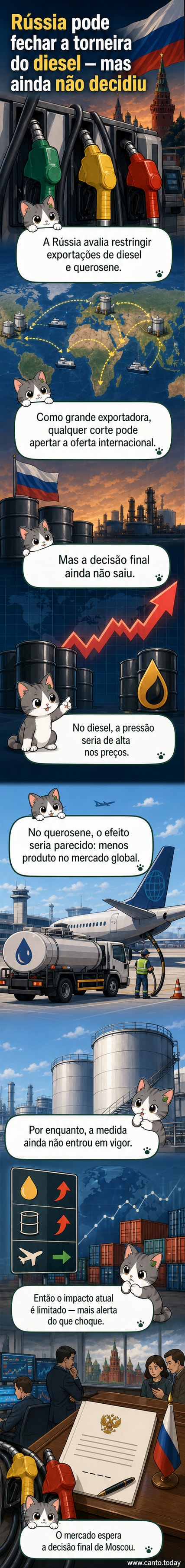 Ilustração de um caminhão-tanque e um avião com bandeiras russas, ao lado de gráficos de alta nos preços de combustível.
