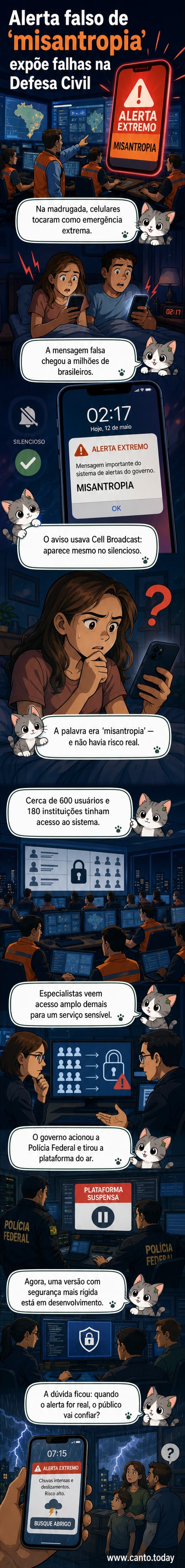 Tela de celular mostrando alerta de emergência com a palavra 'misantropia', sobre fundo escuro com sirene ativa