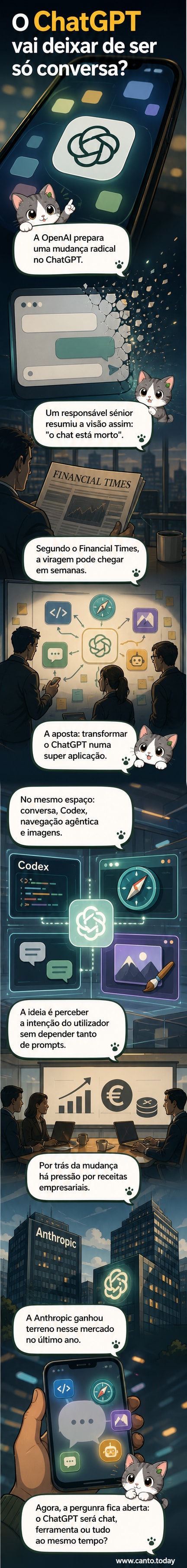 Ilustração de um chatbot a transformar-se numa plataforma multifuncional com ícones de navegação, código e imagem.
