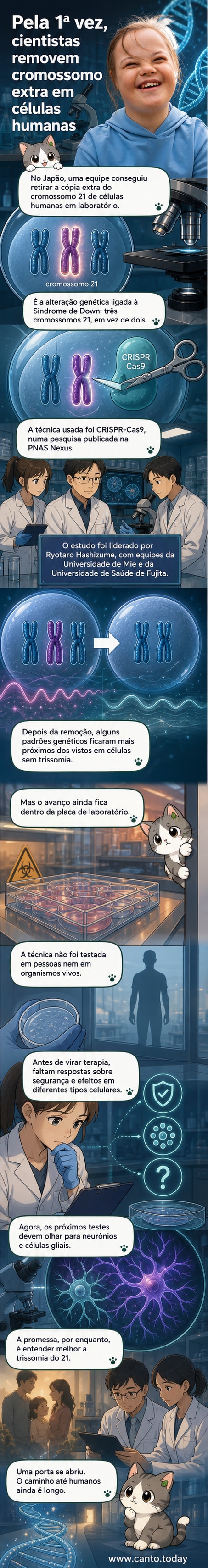Ilustração de cientistas em laboratório analisando células com cromossomos, com foco no cromossomo 21 e na tecnologia CRISPR.
