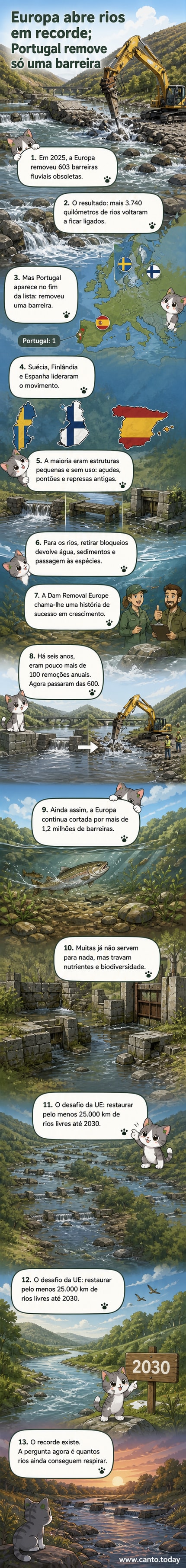 Ilustração de um rio com uma pequena barreira sendo removida, com peixes nadando livremente e vegetação ripária recuperada ao longo das margens.