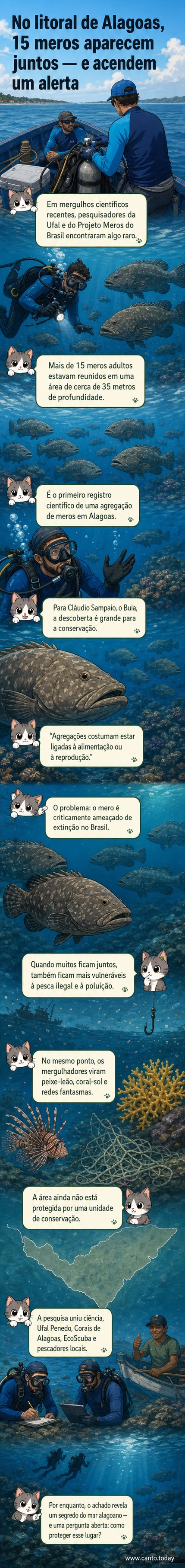 Ilustração subaquática mostrando mergulhadores observando um grupo de grandes meros adultos em um recife profundo, com espécies invasoras e redes fantasma ao fundo.