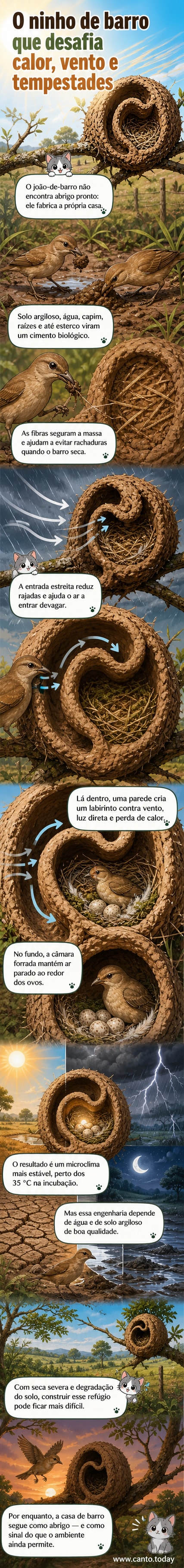 Ilustração de um joão-de-barro entrando em seu ninho de barro, com corte mostrando a estrutura interna em camadas e o microclima protegido no interior.